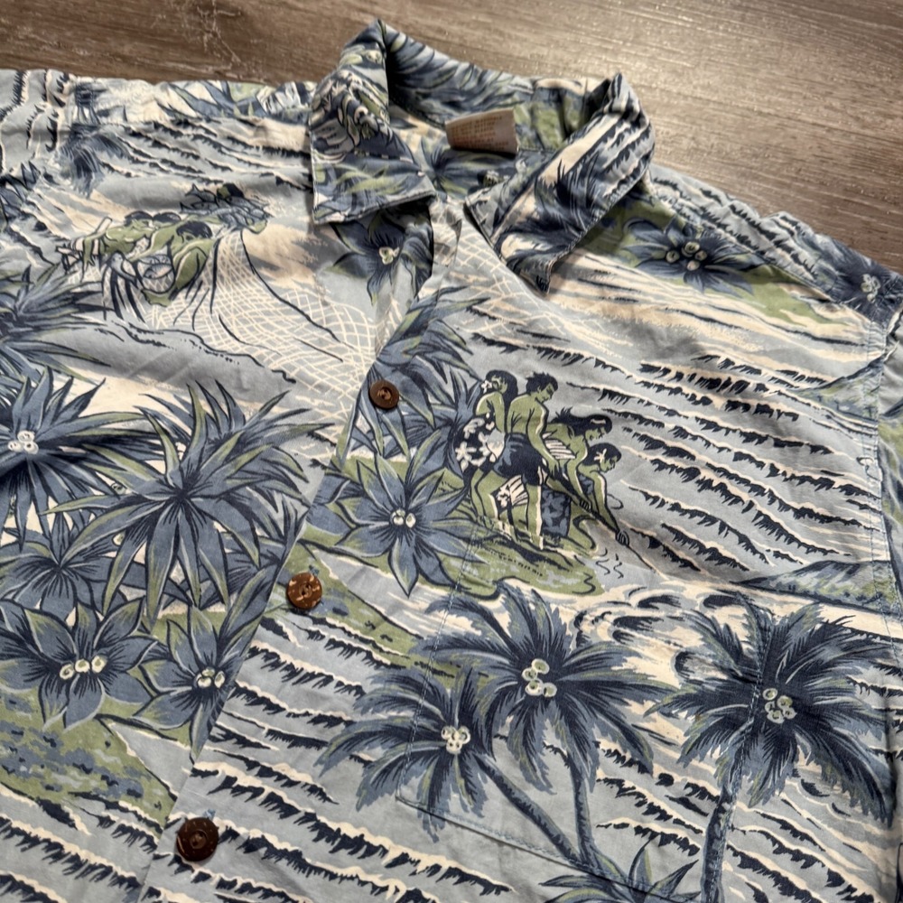 Go Barefoot Hawaiian Shirt‎ Mens L Blue Green Cotton Tropical Scenic Aloha USA